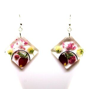 Ladies Handmade Dangle Floral Resin Earrings Made with Real Flowers